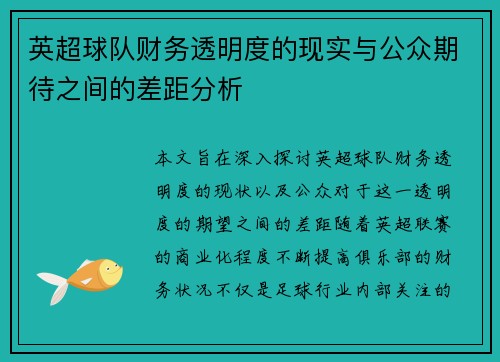 英超球队财务透明度的现实与公众期待之间的差距分析