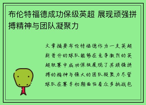 布伦特福德成功保级英超 展现顽强拼搏精神与团队凝聚力