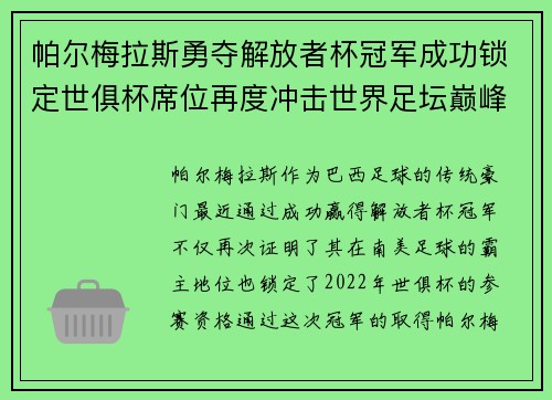 帕尔梅拉斯勇夺解放者杯冠军成功锁定世俱杯席位再度冲击世界足坛巅峰荣耀